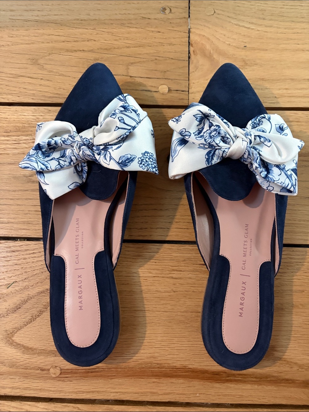 Margaux Navy Suede Mules with Floral Bow